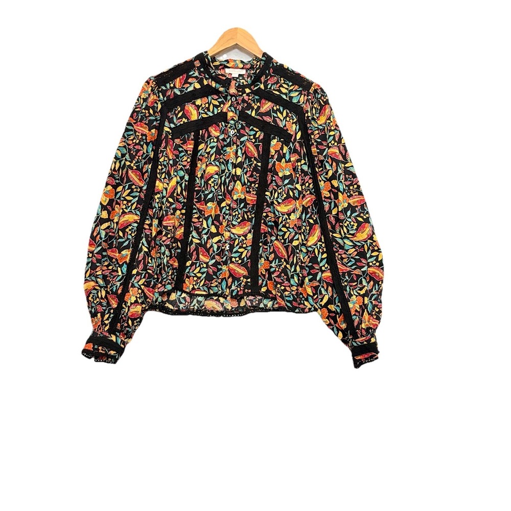Jennifer & Grace Black Floral Button Lace Trim Boho Top Size XL Cottagecore  LS
